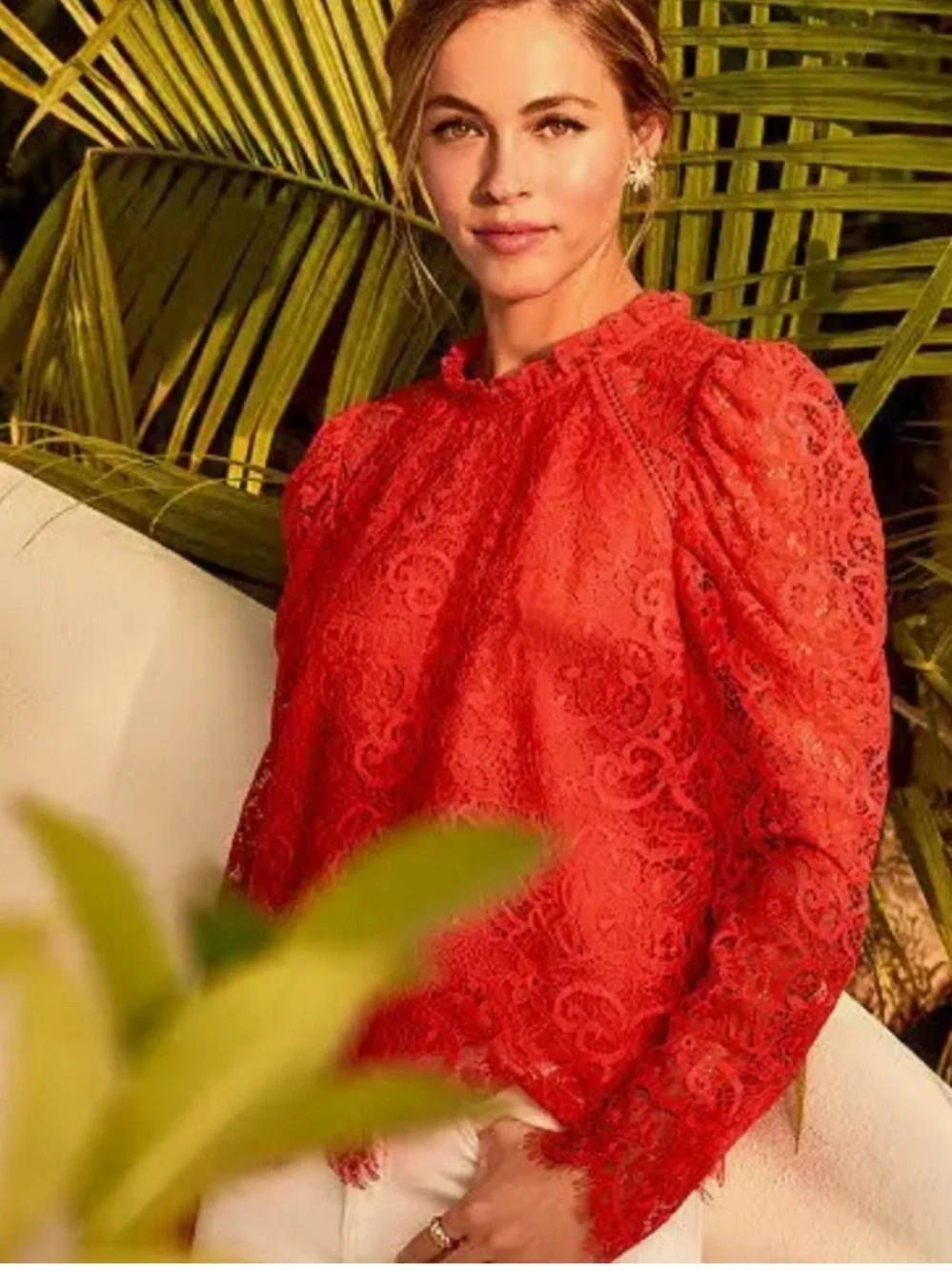 Lilly Pulitzer Ruby Red Averi Long Sleeve Lace Blouse Size XL 8944